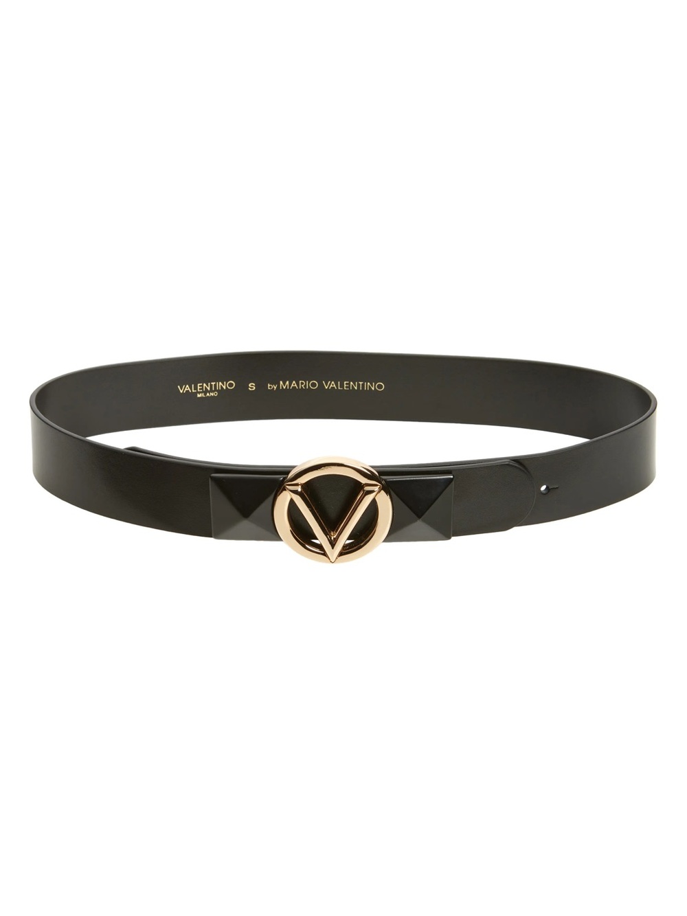 Valentino By Mario Valentino Black Leather Belt with Rose Gold V Buckle